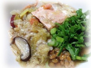 frenchbulldog 　手作りご飯…玄米おじや：野菜たっぷりスープ：鮭など…